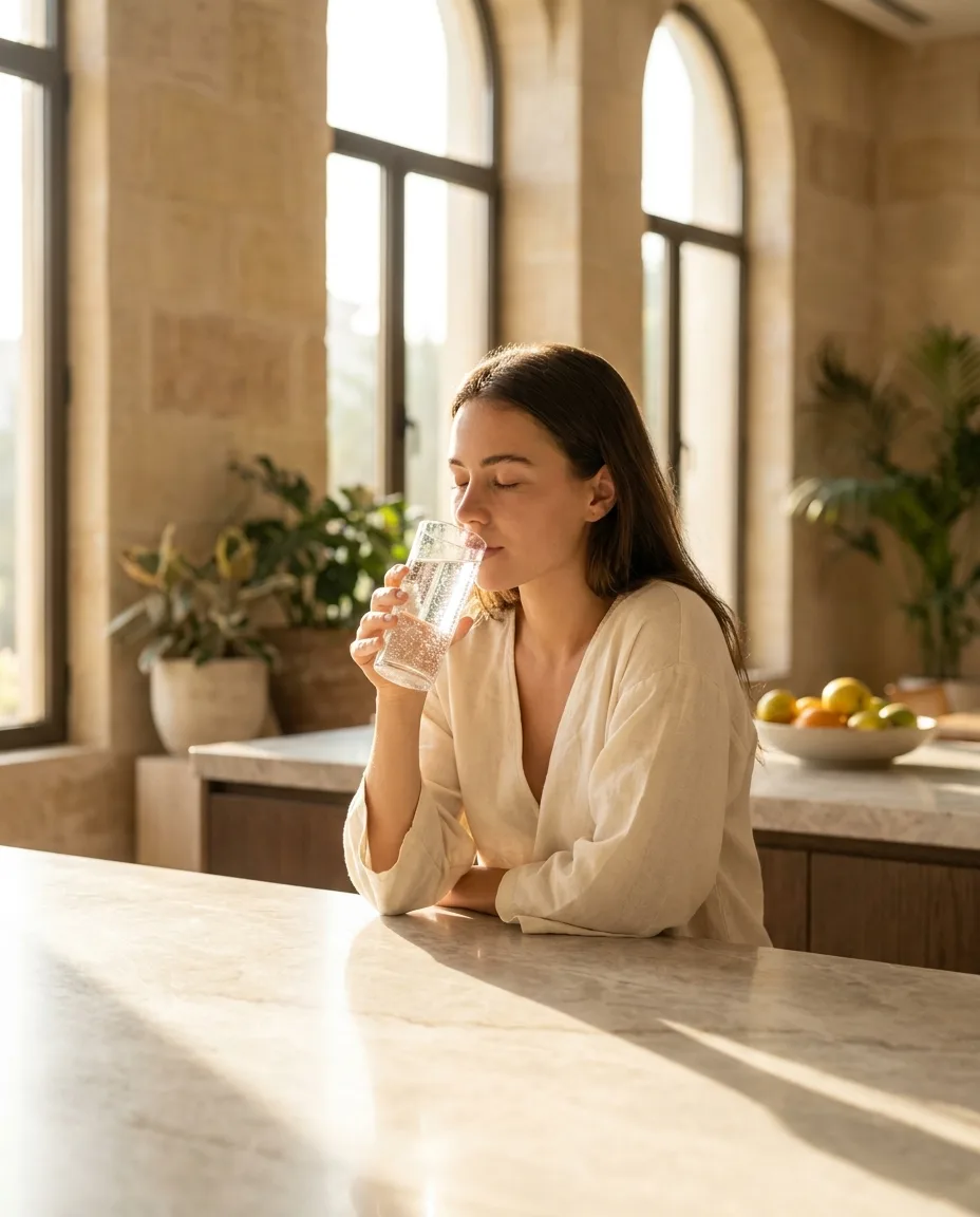 A woman drinking a tall glass of clean sparkling water at a sunlit marble kitchen counter in a luxury Dubai villa, calm and refreshed