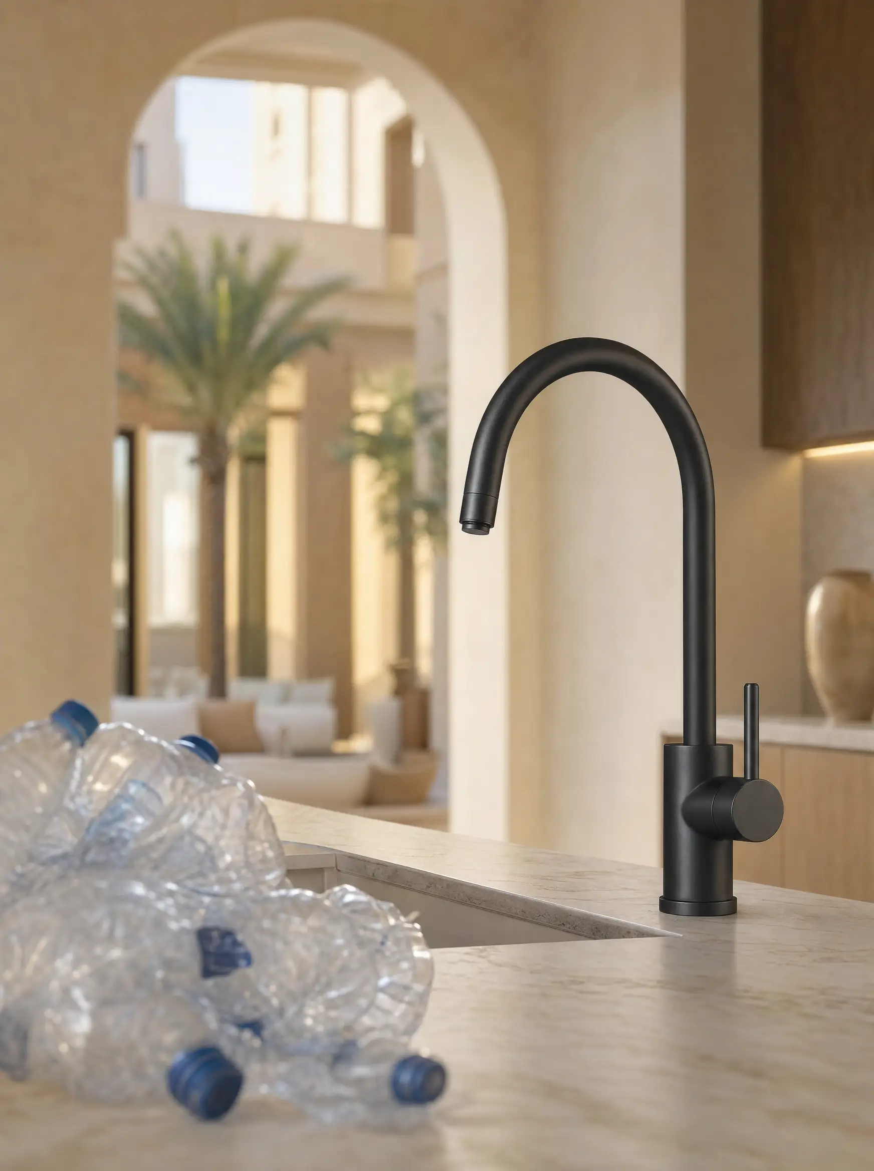 A single elegant matte-black designer kitchen tap on a warm marble counter contrasted against a chaotic pile of crumpled empty plastic water bottles