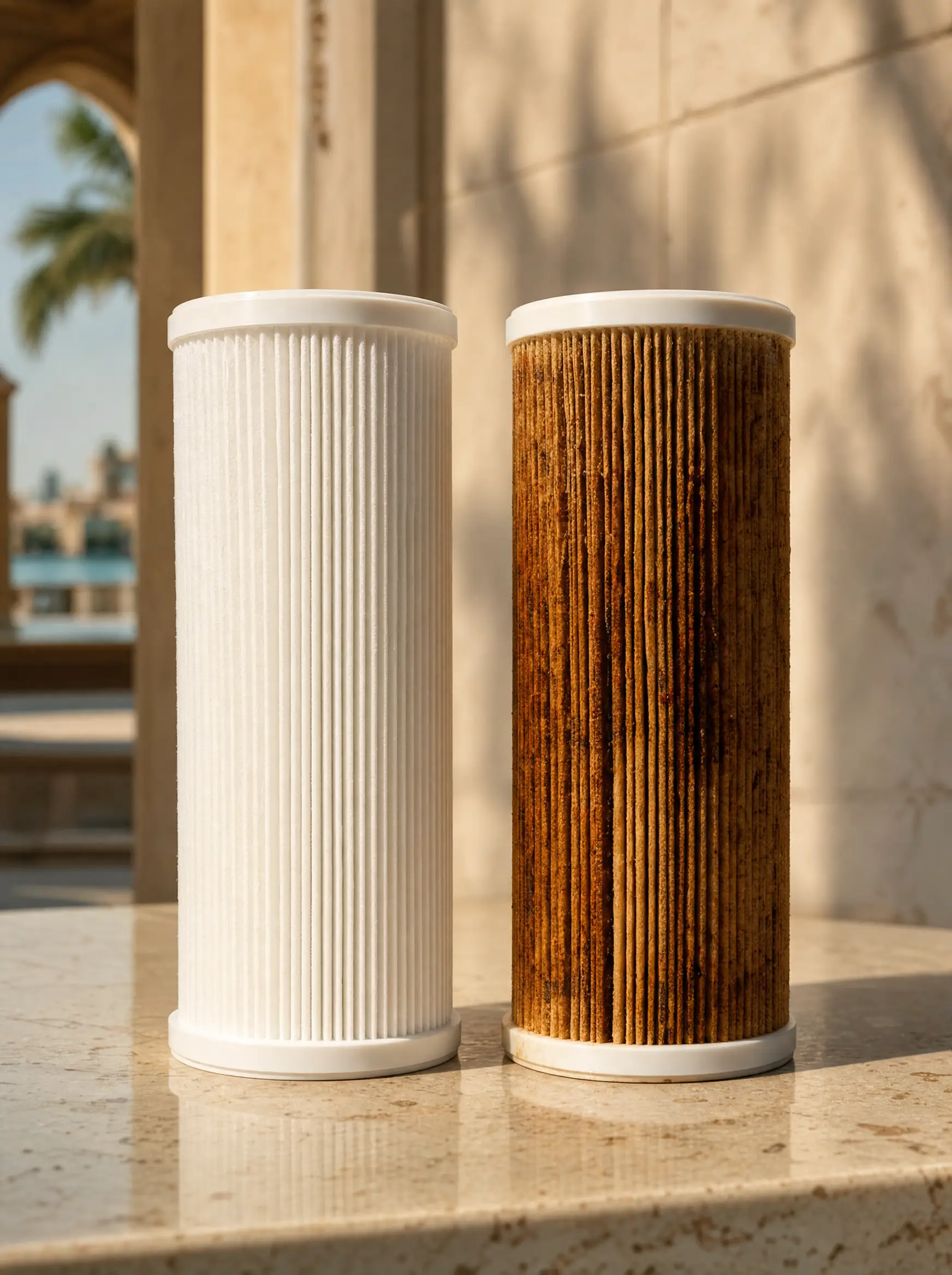 Two identical water filter cartridges side by side on a sand-stone surface. Left one pristine white, right one heavily stained brown after six months of UAE villa tap water